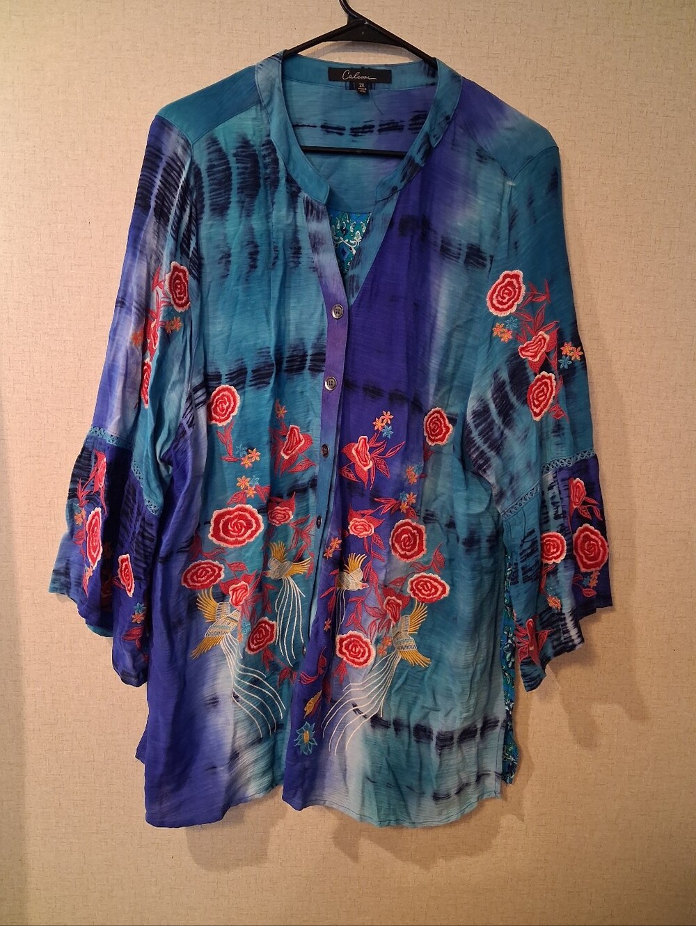 Calessa Blue Teal Floral Embroidered Button-Front Tunic Sz 2X